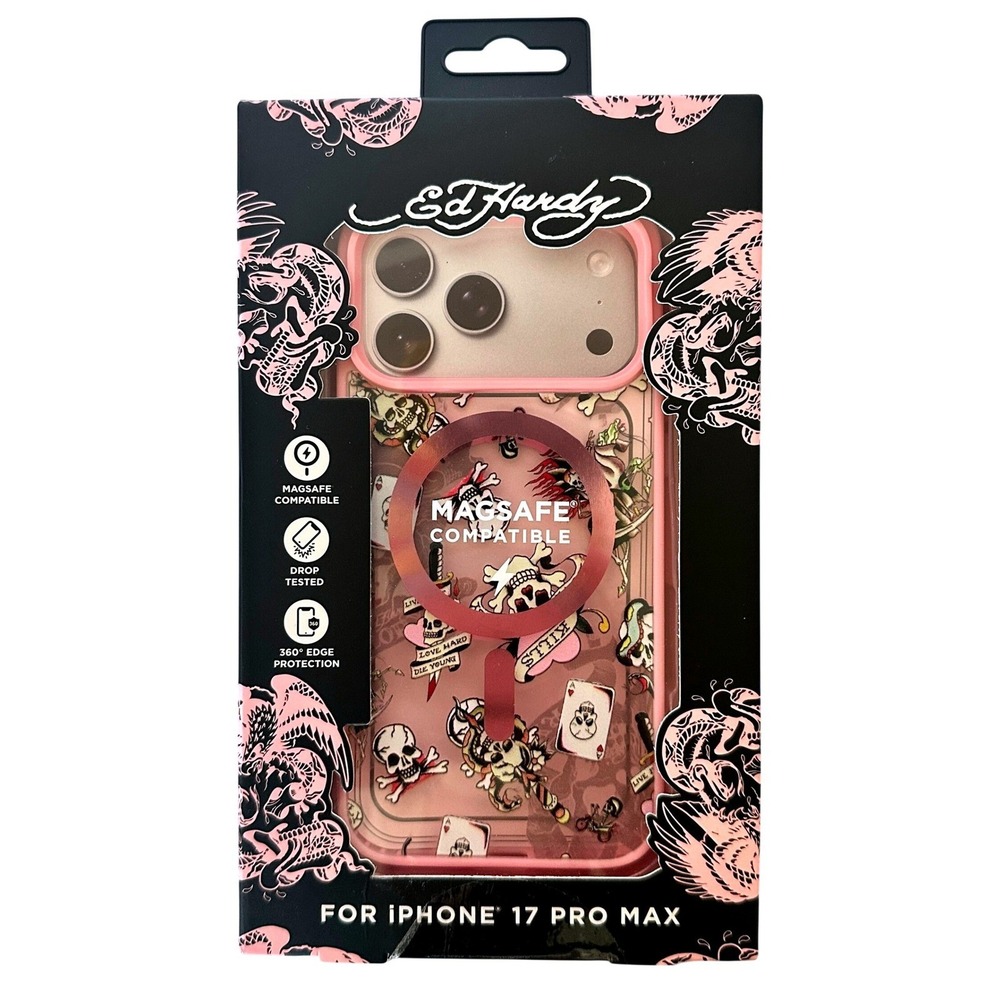 Ed Hardy Phone Case Women iPhone 17 Pro Max Pink NIB MagSafe Skull Tattoo Y2K